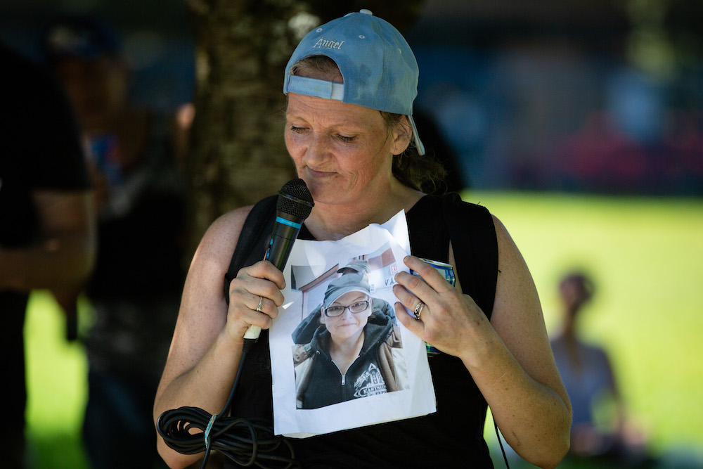 Laura Shaver, Vancouver Area Network of Drug Users (VANDU) board member and President of the B.C. Association of People on Methadone (BCAPOM), speaks during a memorial for overdose victims in Vancouver on Saturday, August 15, 2020. (Maggie MacPherson/The Tyee)